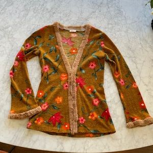 SOOKI camel red orange floral sweater with rabbit fur trim USA Made